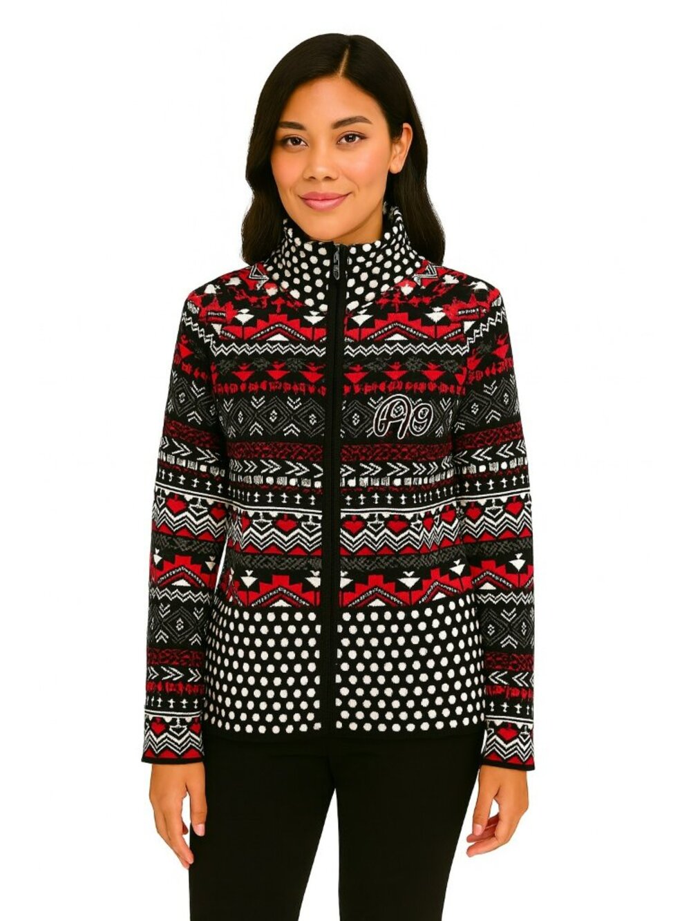 Icelandic Design Black & Red Zip-Up Cardigan Sweater Womens L 100% Cotton